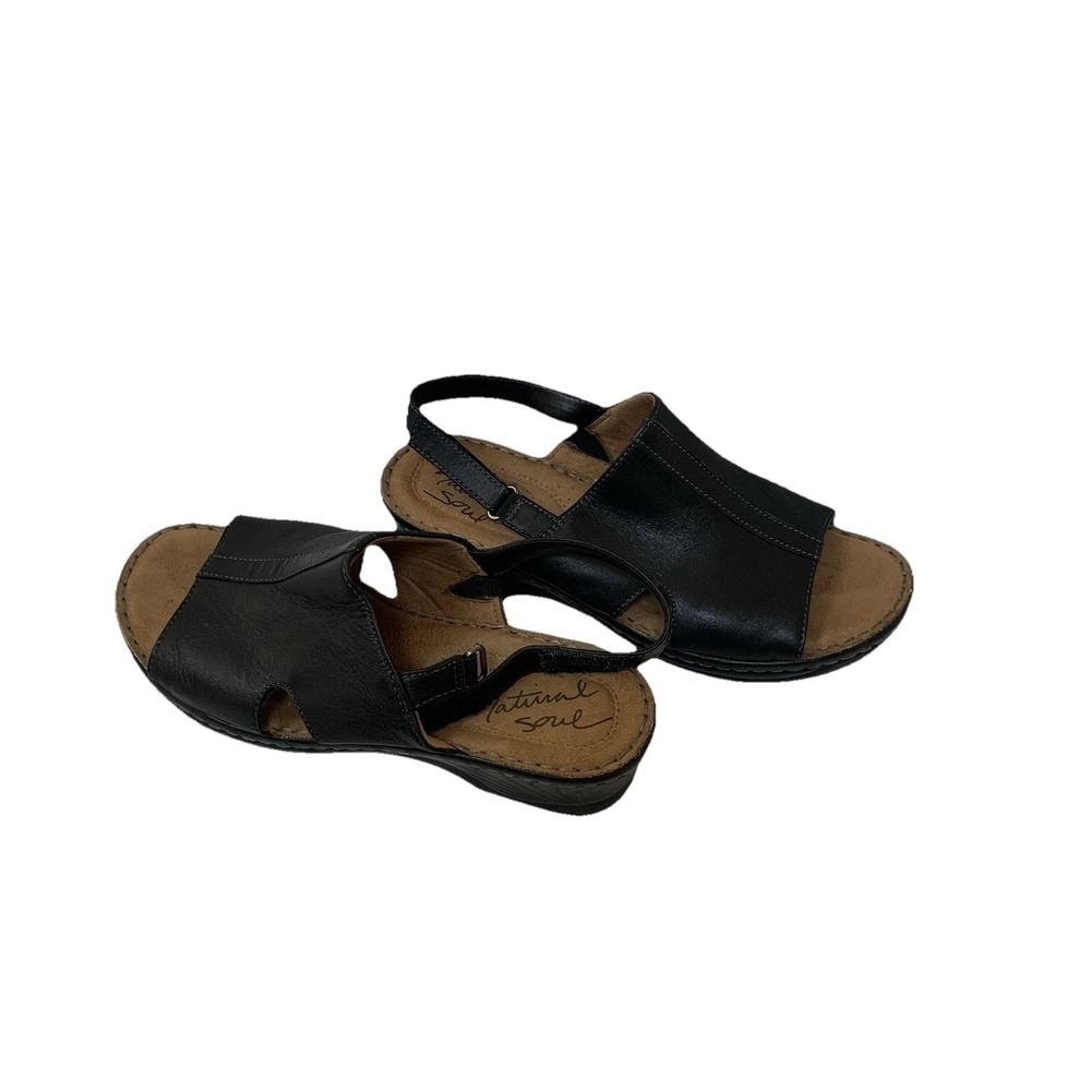 Natural Soul shoes Black Cut Open Toe Black Faux Leather Sandals women's Sz 9 W‎